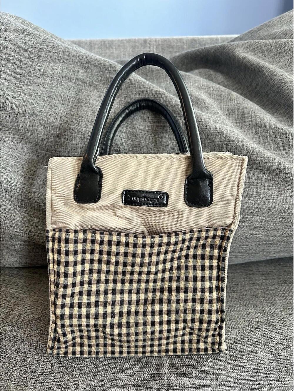 Longaberger Tan & Black Checked Gingham Fabric Purse Handbag Tote